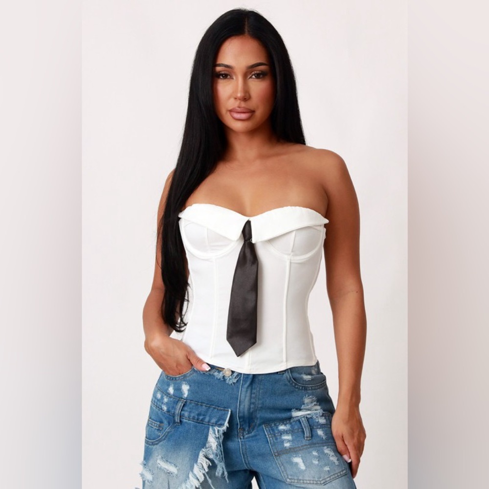 White Strapless Corset Top with Black Tie Accent